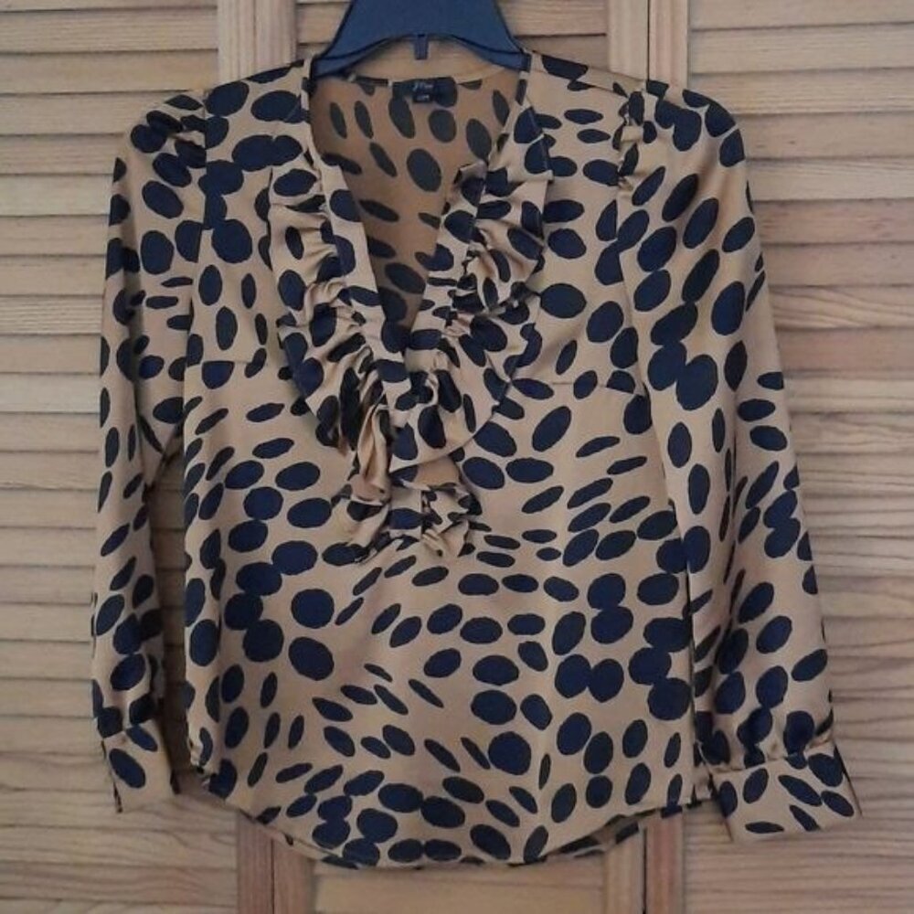 JCrew Brown & Black Wavy Polka-dots Ruffle Vneckline Button Cuffs Tunic Size XXS